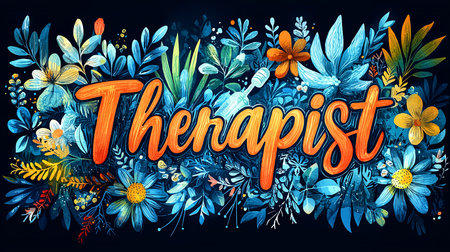 An artistic depiction of the word 'Therapist' with colorful flowers and leaves. Perfect for themes of healing, wellness, and therapy. The bold lettering is surrounded by intricate floral sketches.の素材
