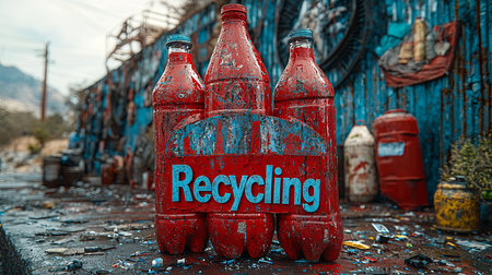 Vibrant scene featuring red plastic bottles covered in artistic paint, emphasizing recycling. Set in an urban environment, highlighting environmental awareness and sustainability efforts.の素材