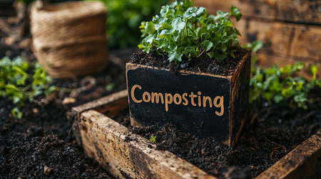 A wooden box labeled 'Composting' filled with lush green plants, symbolizing sustainable gardening and rich organic soil.の素材