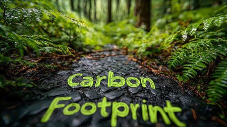 Hand-drawn 'Carbon Footprint' lettering on a forest path surrounded by dense green foliage, symbolizing environmental consciousness and sustainability efforts.の素材