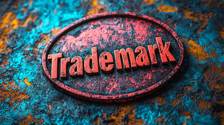 Close-up of a vivid 'Trademark' sign on a textured, colorful abstract background. This image conveys concepts of branding, legal protection, and intellectual property with a modern artistic flair.の素材