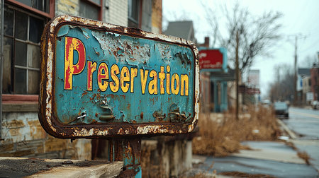 Detailed image of a vintage sign with 'Preservation' lettering, capturing the rustic charm of an abandoned urban street. Reflects themes of history and urban decay.の素材
