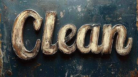 A stylized, rustic vintage lettering of the word 'Clean' on a distressed, weathered background. Perfect for themes of simplicity, purity, and retro aesthetics.の素材