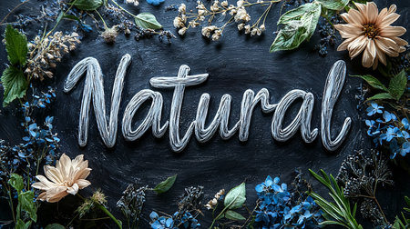 Stylized text 'Natural' surrounded by delicate flowers and leaves. Features a natural theme with a harmonious blend of blue and beige hues, emphasizing beauty and organic vibes.の素材