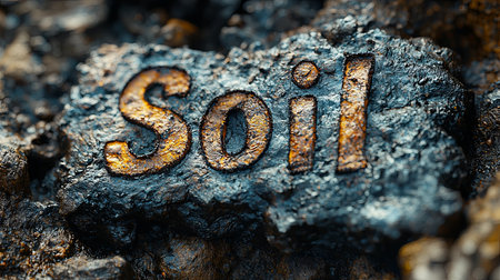Detailed image of the word 'Soil' etched into a textured and rugged surface, highlighting its earthy and organic characteristics.の素材