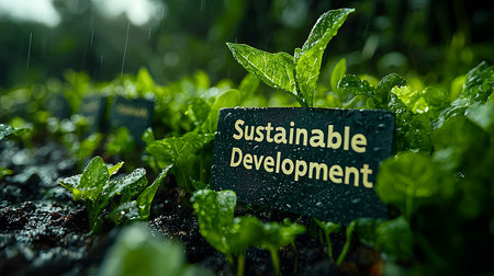 Close-up of a sustainable development sign surrounded by vibrant green plants under rainfall, emphasizing eco-friendly growth and environmental conservation.の素材