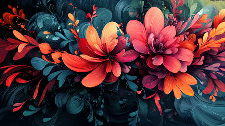 Dynamic and vibrant abstract artwork featuring swirling colorful petals in shades of red, orange, and blue. The intricate design evokes a sense of movement and creativity.の素材