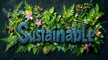 Creative design featuring the word 'Sustainable' crafted with textured lettering, surrounded by vibrant green leaves and colorful flowers on a dark background.の素材