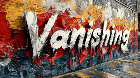 A vibrant graffiti mural featuring the word 'Vanishing' painted on a brick wall. The artwork showcases dynamic colors and street art creativity in an urban setting.の素材