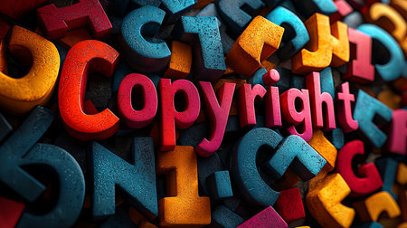 A vibrant 3D illustration of the word 'copyright' in bold letters surrounded by a jumble of colorful letters in a creative layout.の素材