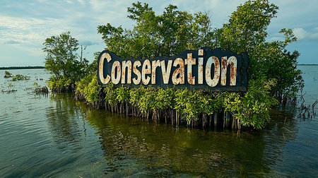 A weathered conservation sign nestled among thriving mangroves in a serene wetland, emphasizing environmental protection and the importance of preserving natural habitats.の素材