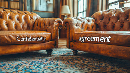 Leather sofas with the words confidentiality agreement create a stylish setting. Symbolizes legal agreements, privacy, and professional discussions in a vintage setting.の素材