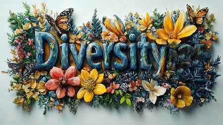 Hand-drawn 'Diversity' text adorned with vibrant flowers and butterflies, symbolizing harmony, creativity, and nature's beauty in a diverse ecosystem.の素材