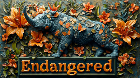 Artistic rendering of an endangered rhinoceros wrapped in vibrant orange and green foliage, emphasizing nature and conservation themes. Features prominent floral and natural elements.の素材