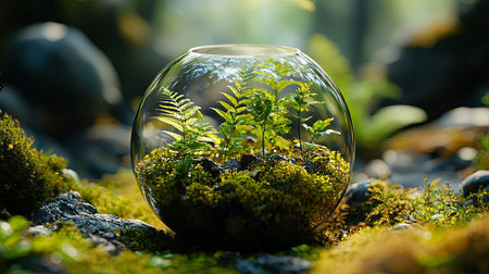 A glass terrarium filled with vibrant ferns and moss set against a natural background, highlighting the beauty of ecosystems and sustainable living.の素材