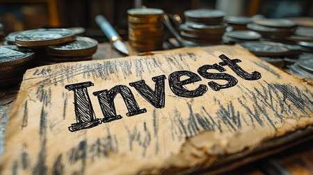 Hand-drawn lettering of 'Invest' on rustic parchment surrounded by stacks of coins, symbolizing financial growth and business investment concepts.の素材
