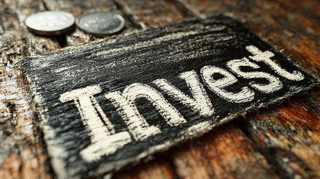 Close-up of the word 'Invest' hand-drawn on a wooden surface. Coins are placed beside it, symbolizing financial growth and investment concepts.の素材