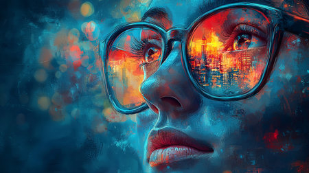 Vibrant digital artwork depicting a woman looking through glasses reflecting a cityscape. The composition conveys a sense of vision, creativity, and futuristic ambition.の素材