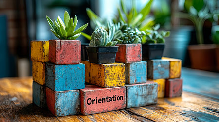 Vibrant wooden blocks arranged with succulents and the word 'orientation' displayed, creating a dynamic business background with a creative touch.の素材