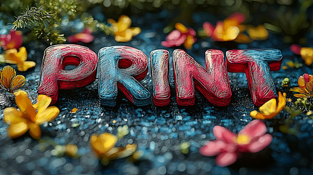 Vibrant 3D letters spelling 'PRINT' surrounded by colorful flowers, creating an artistic and imaginative visual design. Perfect for creative projects and design inspiration.の素材