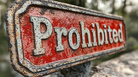 Close-up of a vintage 'Prohibited' sign featuring rusted edges and a red background with bold white lettering, evoking a sense of restriction and nostalgia.の素材