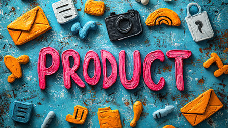 Colorful modeling clay design featuring the word 'product' surrounded by various business-related icons including a camera, envelope, and lock on a textured background.の素材