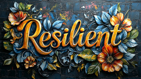A captivating artwork featuring the word 'Resilient' in golden lettering, adorned with colorful flowers and lush foliage, set against a textured dark background, evoking strength and beauty.の素材