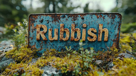 A weathered metal sign reading 'Rubbish' set against a vibrant forest floor covered in moss and foliage, conveying themes of decay and nature's resilience.の素材