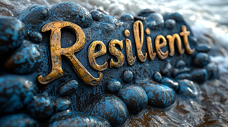 A close-up image showcasing the word 'Resilient' in golden letters amidst a background of textured blue stones, evoking strength and perseverance.の素材