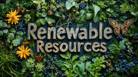 Vibrant greenery surrounding the phrase 'Renewable Resources' highlighting environmental sustainability, nature, and ecological awareness with leaves and flowers.の素材