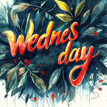 Vibrant hand-drawn lettering of the word Wednesday surrounded by artistic, colorful leaves. Perfect for themes involving days of the week, creativity, and nature-inspired designs.の素材