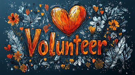 Vibrant hand-drawn illustration featuring the word 'Volunteer' with decorative floral and heart elements. Perfect for promoting volunteerism and community service events.の素材