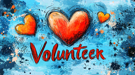 Vibrant hand-drawn design featuring the word 'Volunteer' with colorful hearts. Ideal for promoting community service, charity events, and social causes. The artistic background adds an inspiring touch.の素材