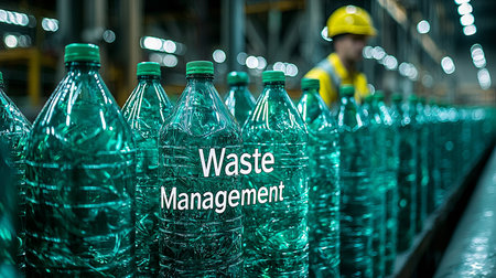 Close-up of plastic bottles at a waste management facility, highlighting the recycling process and environmental sustainability. A worker in the background underscores industrial operations.の素材
