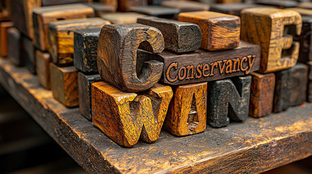 Close-up of vintage wooden letter blocks displaying the word 'Conservancy'. Perfect for themes of conservation, sustainability, or rustic design concepts.の素材