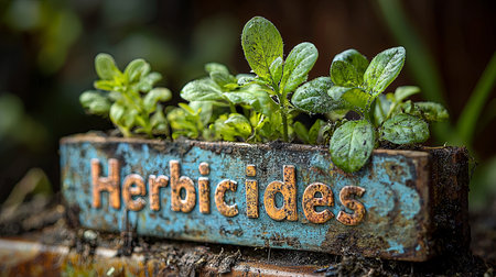 Close-up of a rustic wooden planter with lush green plants and a sign labeled 'Herbicides', highlighting gardening and agricultural themes.の素材