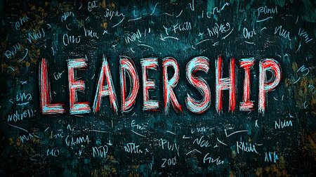 Inspirational image featuring the word 'Leadership' in bold, artistic lettering surrounded by handwritten elements, conveying power and motivation. Ideal for themes related to guidance and influence.の素材