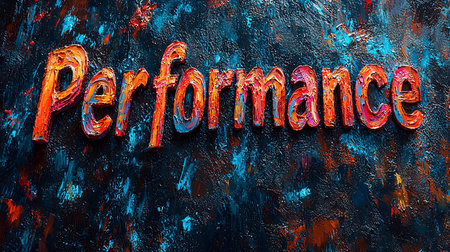 A colorful hand-painted text displaying the word 'Performance' over a dynamic abstract textured background, conveying creativity, energy, and motivation.の素材