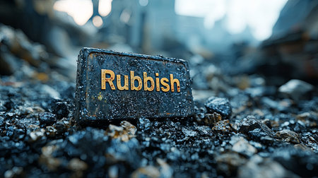A close-up view of a metal sign with the word rubbish, set on a background of debris and environmental decay, highlighting urban pollution and waste issues.の素材