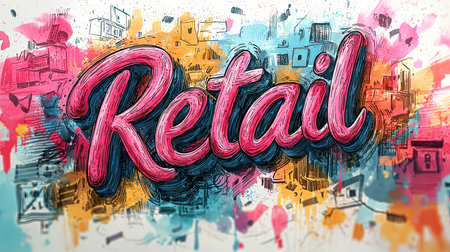 Vibrant graffiti-style illustration featuring the word 'Retail' in bold pink lettering, surrounded by abstract artistic elements in orange and blue hues, conveying creativity and urban energy.の素材
