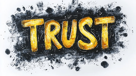 A vibrant hand-drawn illustration of the word 'trust' with bold yellow letters on a textured black background, conveying themes of reliability and confidence.の素材