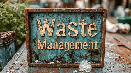 Rustic wooden sign displaying 'Waste Management,' highlighting environmental awareness and sustainability. Set against a blurred natural background, emphasizing the concept of eco-friendly waste disposal and recycling.の素材