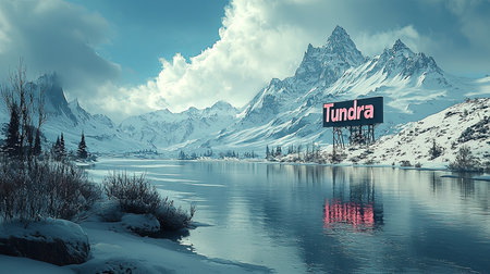 A breathtaking view of a snowy tundra featuring distant mountains, a tranquil reflecting lake, and vibrant lettering. Capture the serene beauty and vastness of the natural winter landscape.の素材
