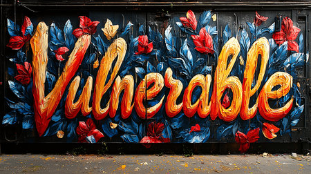 Vibrant street art mural showcasing the word vulnerable amidst bold red and blue foliage on a brick wall. Captures the essence of urban creativity and emotional expression.の素材