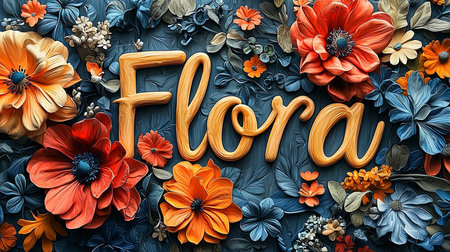 A stunning artwork showcasing the word 'Flora' surrounded by vivid flowers in a mix of orange, red, and blue hues, creating an eye-catching and artistic floral design.の素材