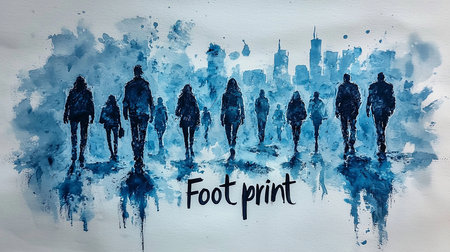 An artistic watercolor illustration showing silhouettes of people walking in a cityscape, symbolizing the concept of carbon footprint and its impact on urban environments.の素材