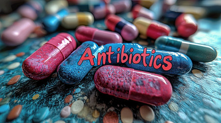 Close-up of colorful antibiotics capsules with lettering, showcasing medical and pharmaceutical concepts in a hospital environment.の素材