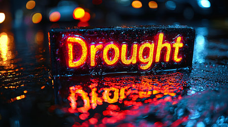 A glowing 'Drought' sign shines brightly, reflecting on a rain-soaked surface. The vibrant colors contrast starkly with the dark, wet surroundings, highlighting the environmental theme.の素材