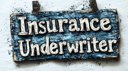 A rustic wooden sign with hand-drawn lettering displaying the words 'Insurance Underwriter' in bold typography. The sign features a distressed blue background with unique artistic design.の素材