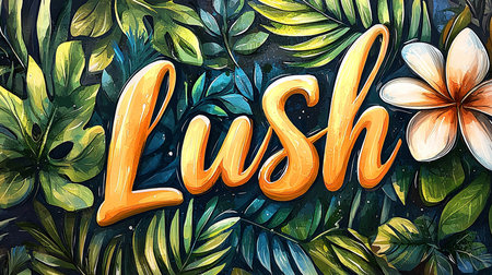 Colorful hand-drawn lettering of 'lush' amidst vivid tropical leaves and flowers. Captures the essence of nature's abundance and beauty with bold, eye-catching artistic design.の素材